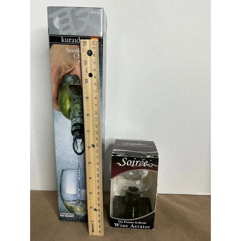 Kuraidori Stainless Steel Wine Chill Stick‎ & Soiree Glass In-Bottle Aerator Set